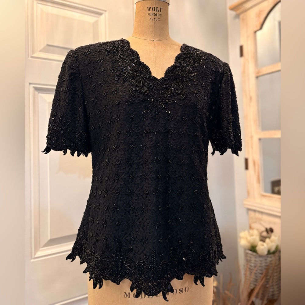 Classic‎ Creations Elegant Black Beaded Top PL Y2K Fairy Grunge Preppy Holiday